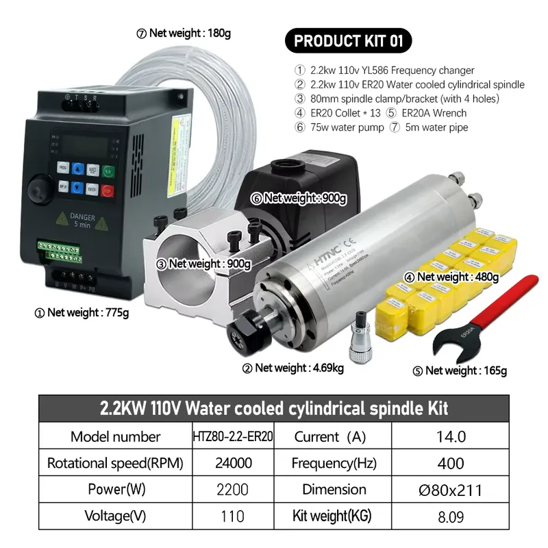 محرك طحن معدني بتبريد مائي 2.2 - مراجعة 2.2Kw Water Cooled Spindle Kit Vfd وسعره